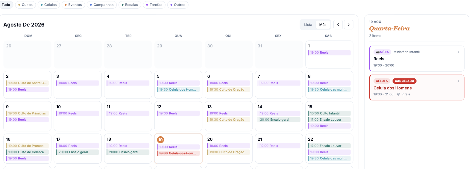 Agenda da Igreja no backoffice, com os filtros por tipo e a lista de ocorrências