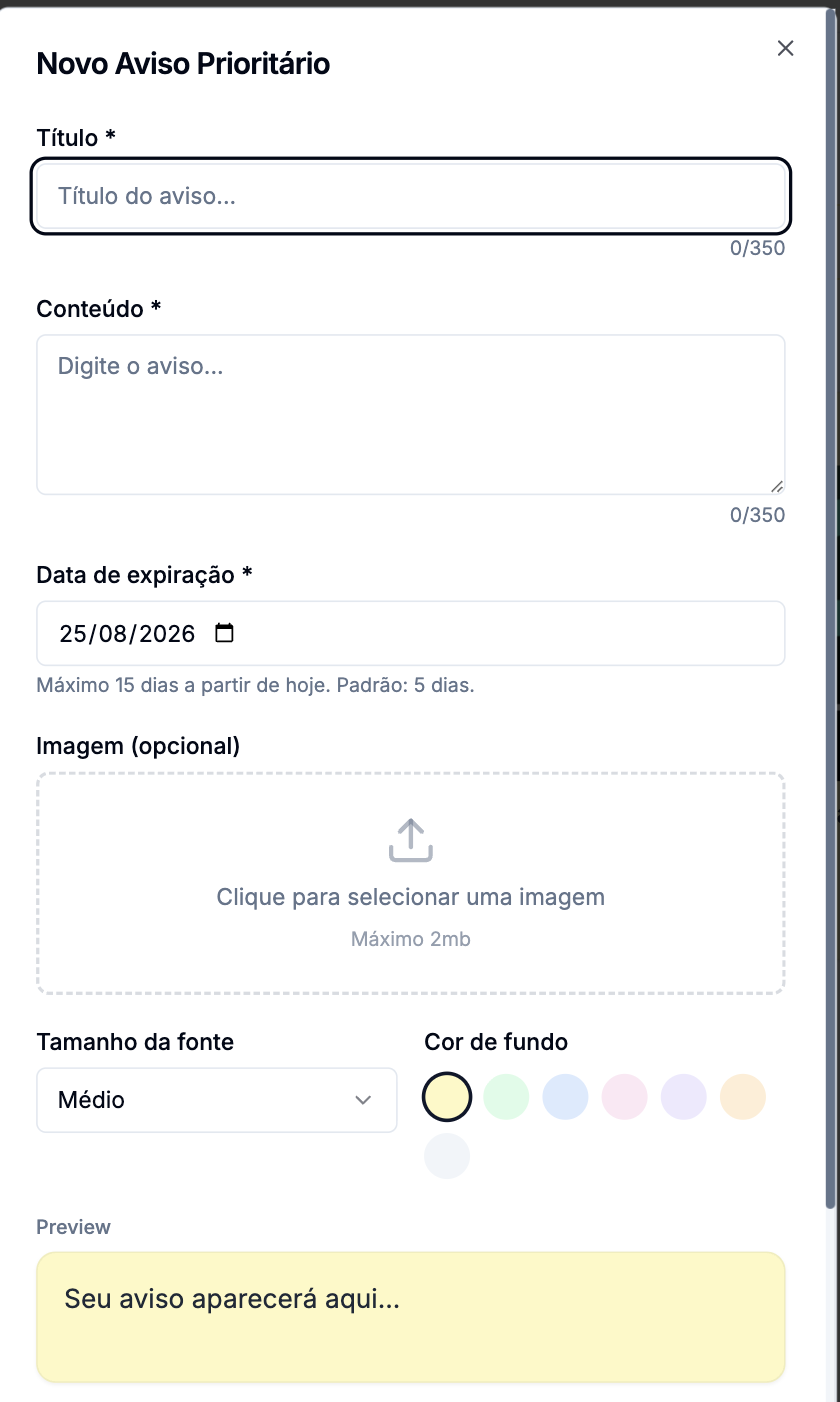 Formulário do aviso prioritário com cor de fundo, tamanho da fonte e prévia