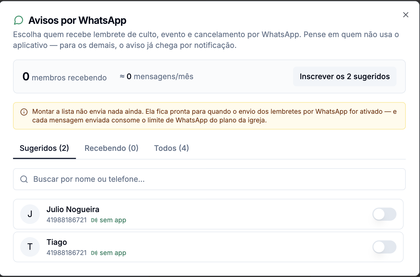 Diálogo de avisos por WhatsApp mostrando a aba Sugeridos com dois membros