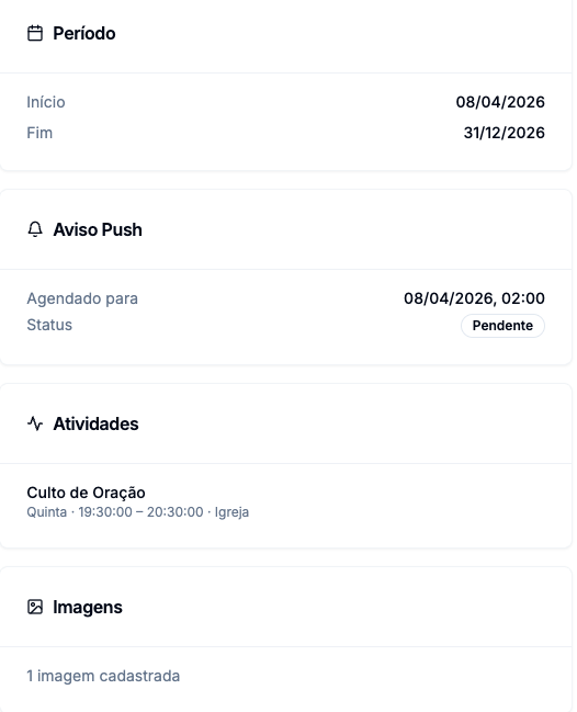 Coluna lateral do detalhe da campanha com Período, o painel de Avisos, Atividades vinculadas e contagem de imagens