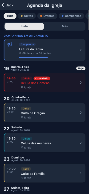 Agenda do aplicativo com os encontros de célula ao lado dos cultos
