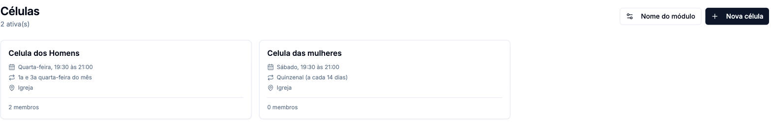 Lista de células com o botão Nome do módulo e os cards mostrando dia, frequência, local e número de membros