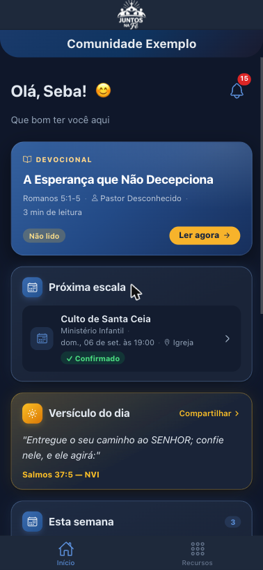 Tela inicial do aplicativo mostrando o nome da igreja, o devocional e a próxima escala