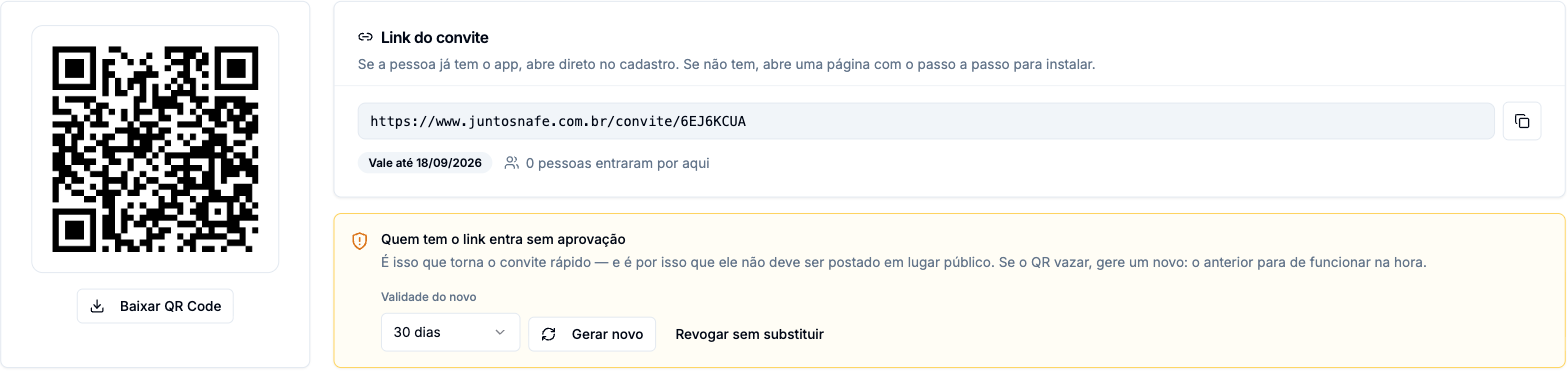 Convite ativo mostrando o QR Code, o link, a validade e quantas pessoas já entraram