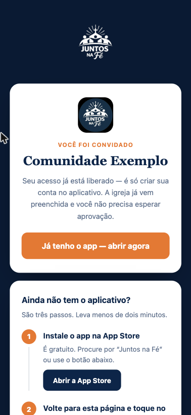 Página do convite no celular, com o nome da igreja, o botão para abrir o app e os passos para instalar