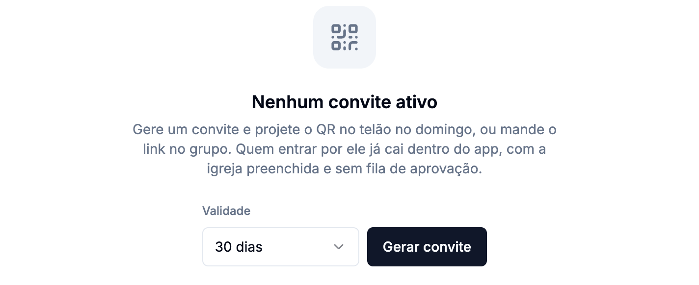 Tela sem convite ativo, com o seletor de validade e o botão Gerar convite