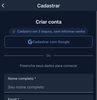 Tela Criar conta do aplicativo, com o botão Cadastrar com Google e o início do formulário