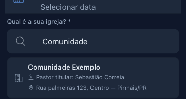 Campo de busca de igreja com um resultado mostrando pastor titular e endereço