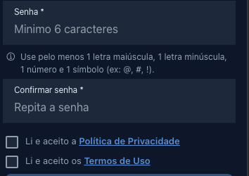 Campo de senha com os requisitos e as caixas de aceite da política e dos termos