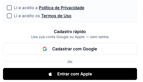 Caixas de aceite da Política de Privacidade e dos Termos de Uso
