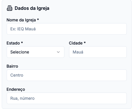 Bloco Dados da Igreja com nome, estado, cidade, bairro e endereço