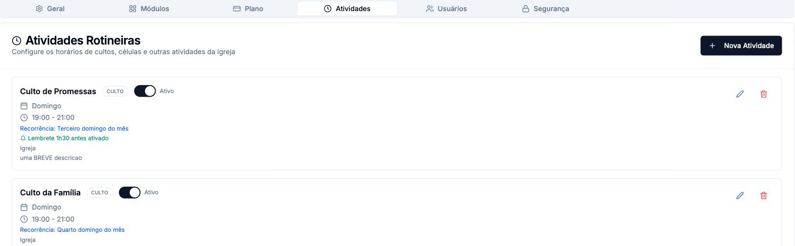 Aba Atividades das configurações com a lista de cultos cadastrados