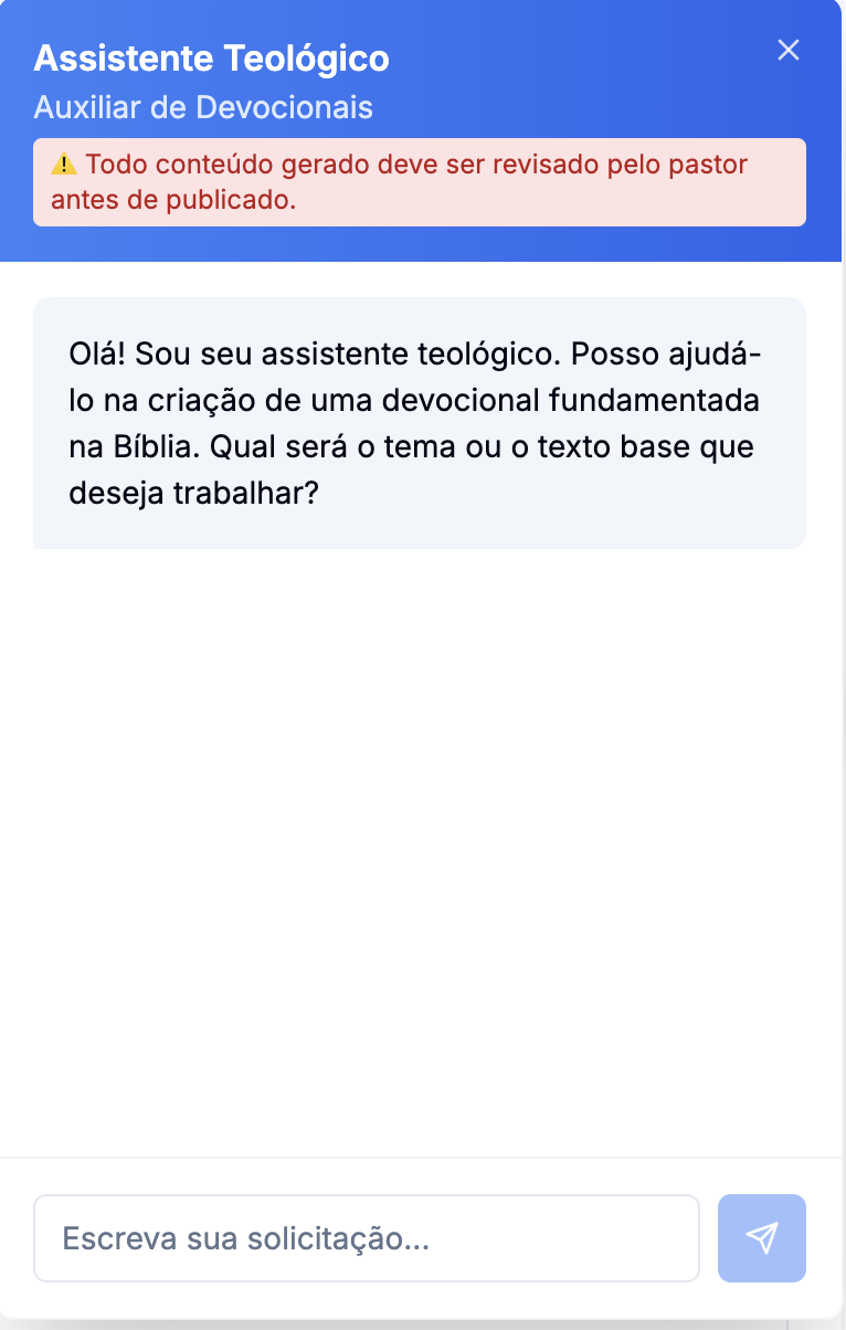 Assistente Teológico aberto, com o aviso de que todo conteúdo gerado deve ser revisado pelo pastor