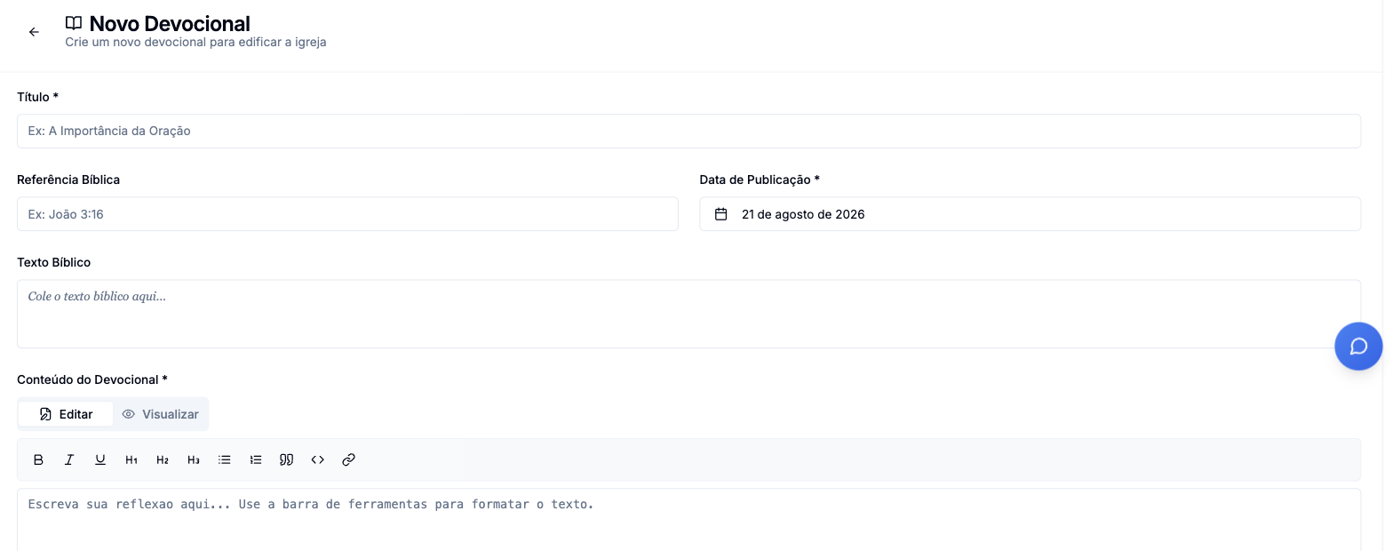 Formulário de novo devocional com título, referência, data, texto bíblico e o editor de conteúdo