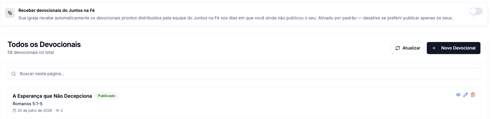 Topo da tela de devocionais com o interruptor Receber devocionais do Juntos na Fé e a lista