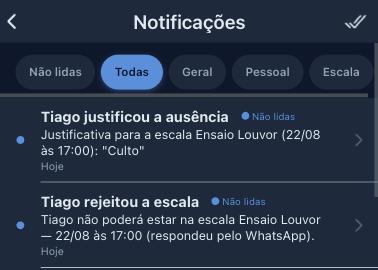 Central de notificações do aplicativo mostrando recusa e justificativa de escala