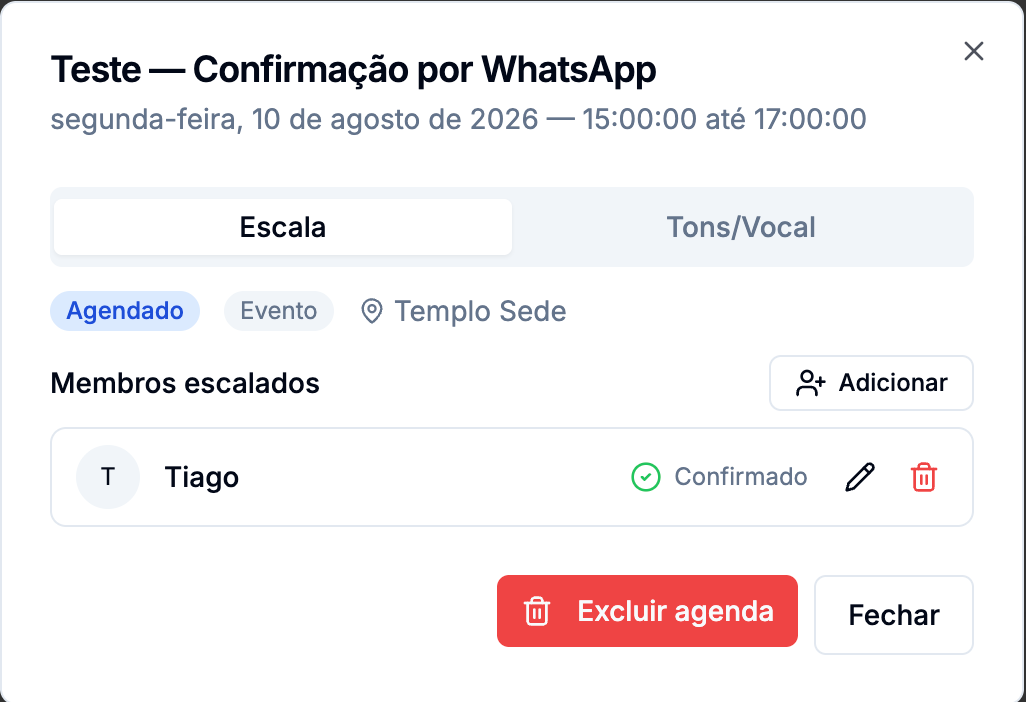 Tela da escala no backoffice mostrando os membros com status confirmado, pendente e recusado