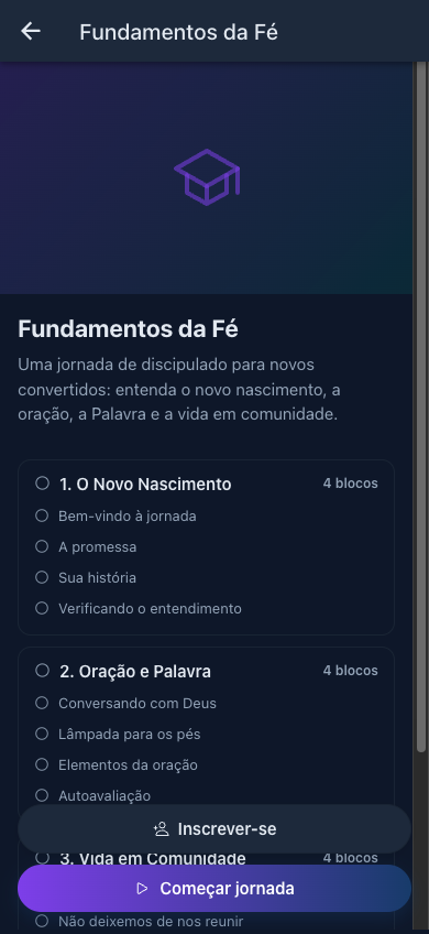 Detalhe da jornada no aplicativo, com a descrição, a lista de módulos e campos e os botões Inscrever-se e Começar jornada