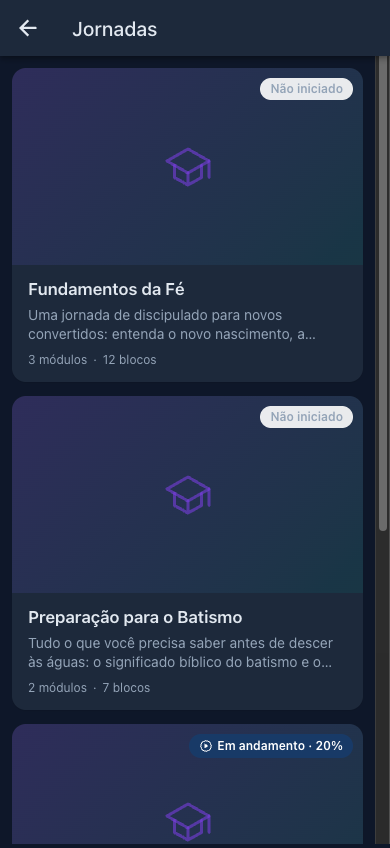 Tela de Jornadas no aplicativo, com cards marcados como Não iniciado e Em andamento com a porcentagem