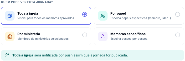 Aba Audiência com as quatro opções — Toda a igreja, Por papel, Por ministério e Membros específicos — e o aviso de que a audiência será notificada por push ao publicar