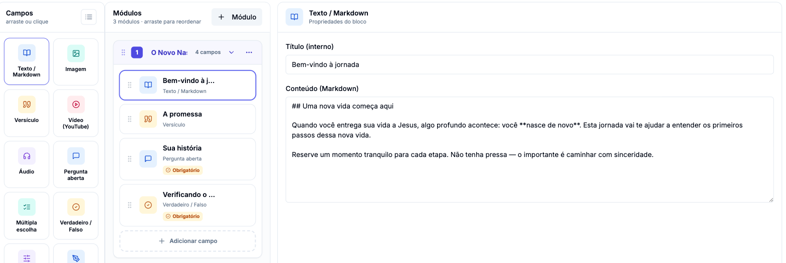 Editor de jornada em três colunas: paleta de Campos à esquerda, lista de Módulos no meio e as propriedades do campo selecionado à direita