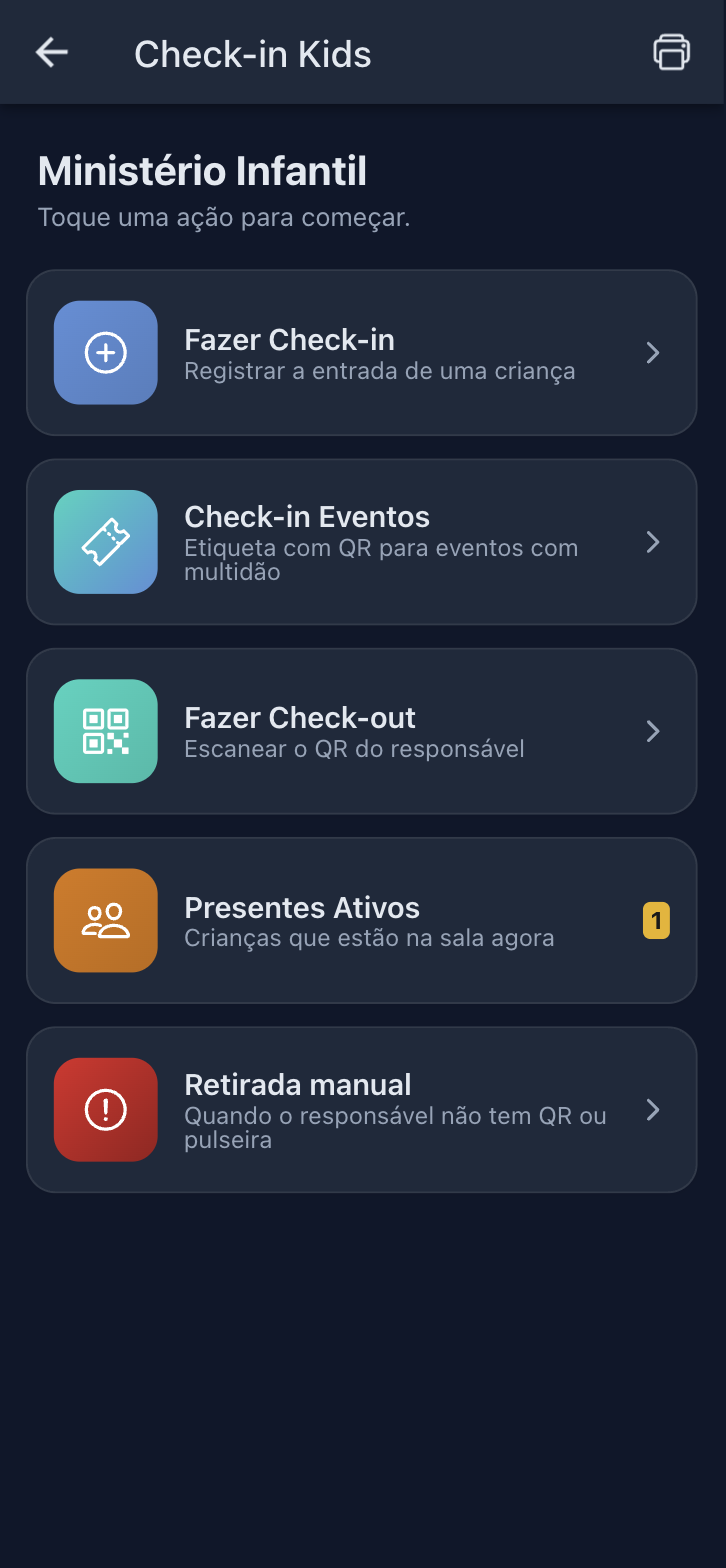 Tela do Ministério Infantil no aplicativo com Fazer Check-in, Check-in Eventos, Fazer Check-out, Presentes Ativos com o número 1 e Retirada manual