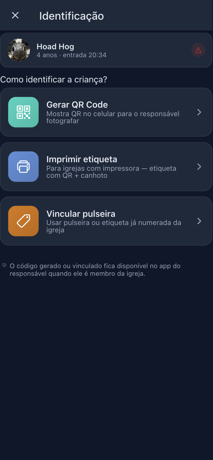 Tela Identificação com as opções Gerar QR Code, Imprimir etiqueta e Vincular pulseira