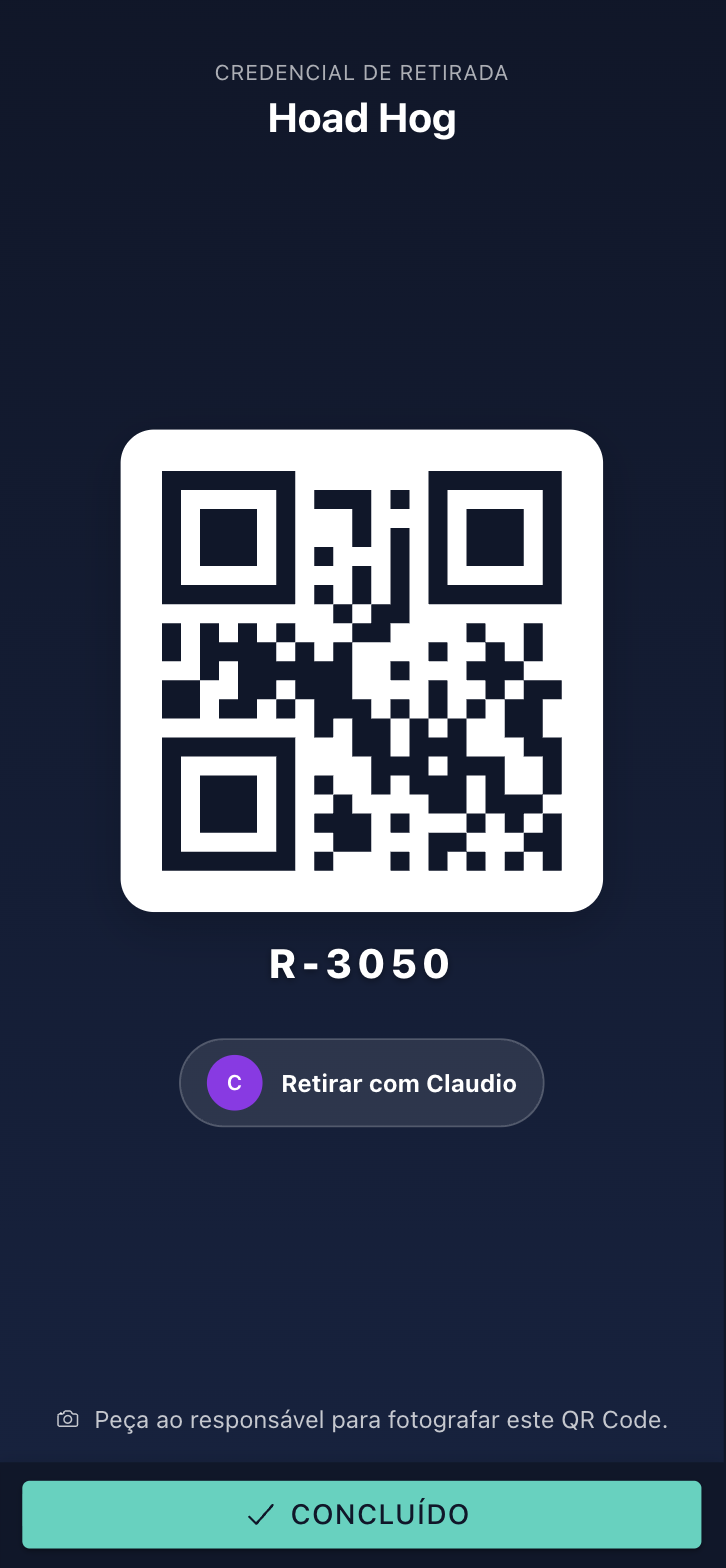 Tela Credencial de retirada com o QR Code, o código R-3050 e a indicação Retirar com Claudio