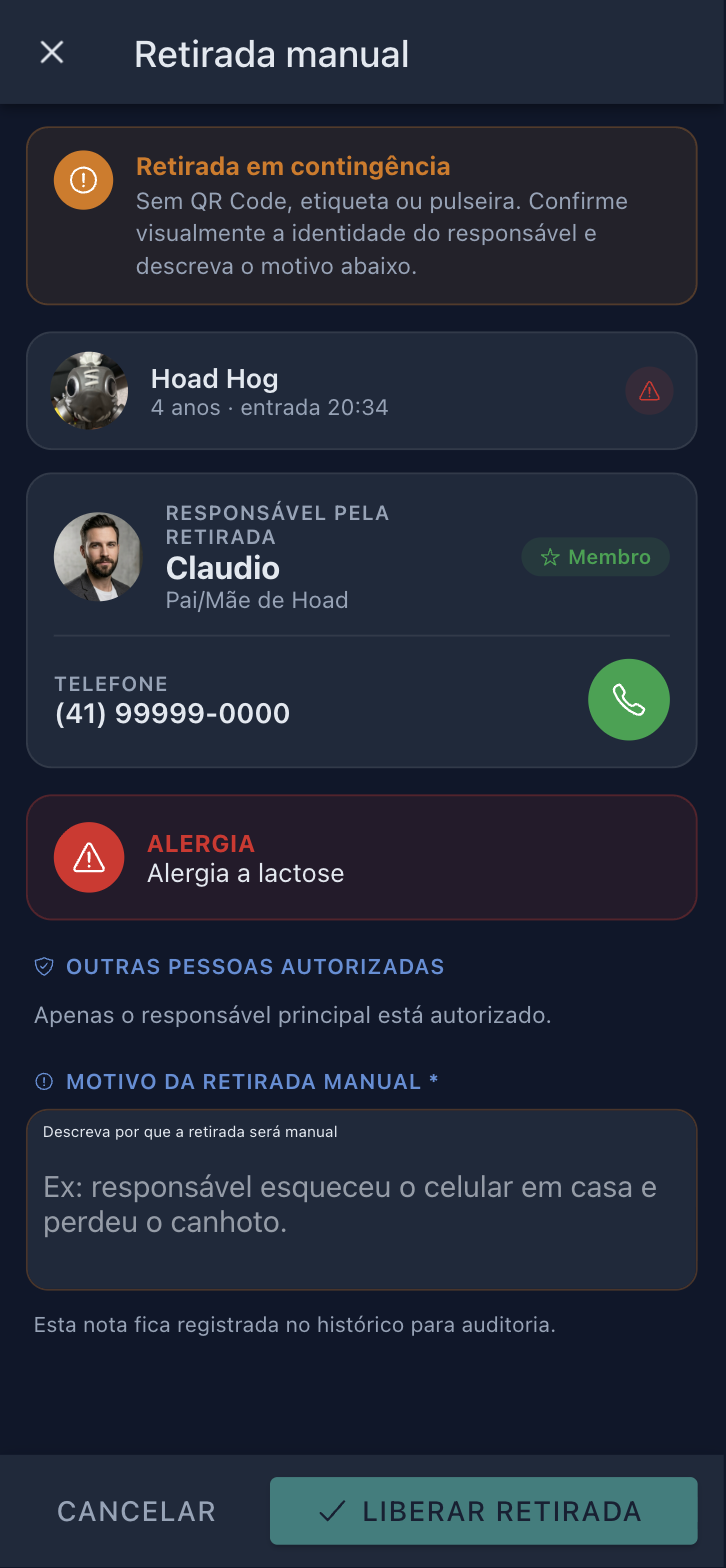 Tela Retirada manual com o aviso laranja de retirada em contingência, dados do responsável com telefone e botão de ligar, alerta de alergia e o campo obrigatório Motivo da retirada manual