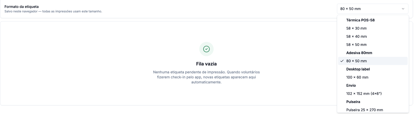 Tela Fila de impressão com o seletor de formato da etiqueta aberto, mostrando térmica POS-58, adesiva 80mm, desktop label, envio e pulseira