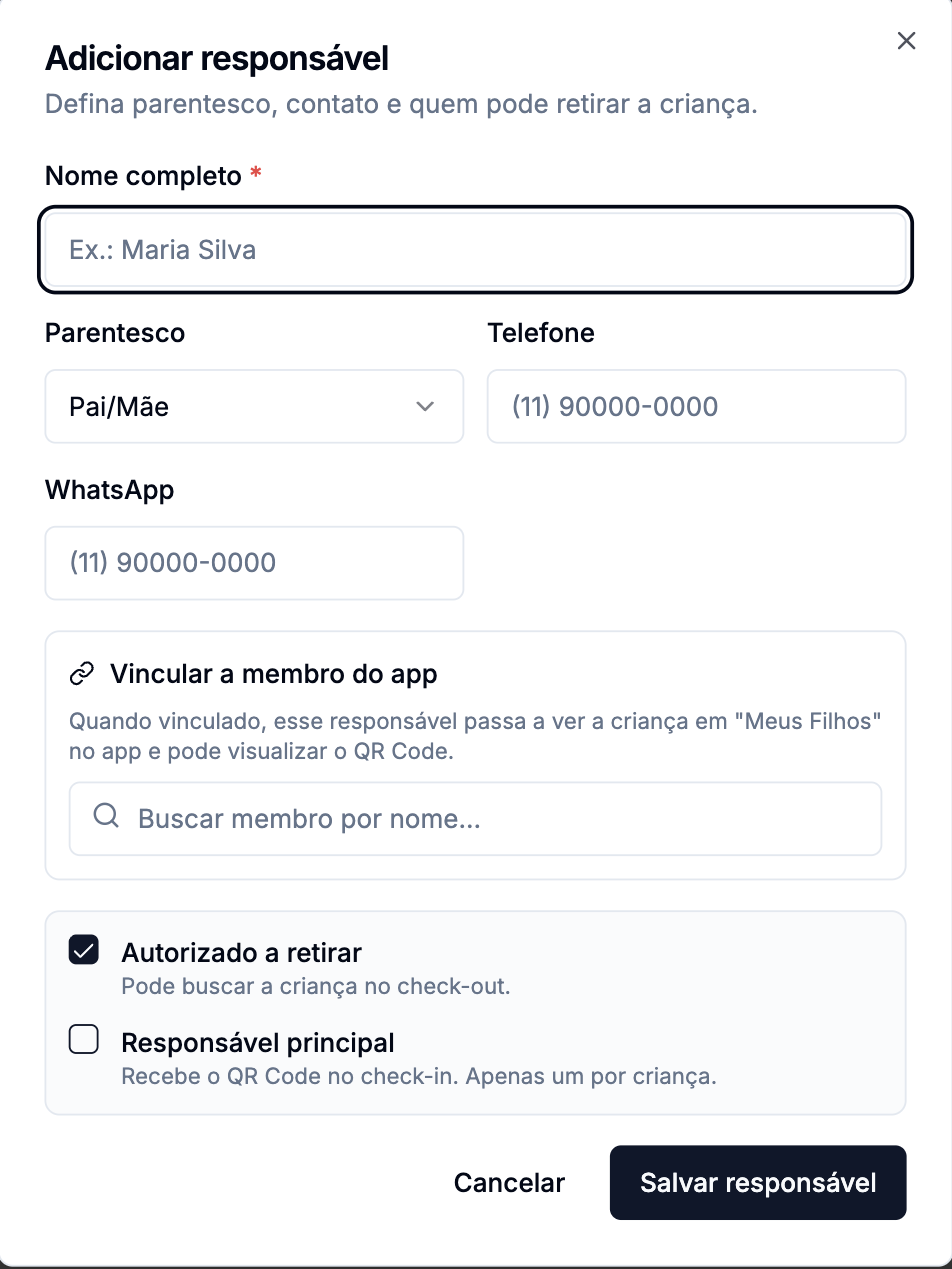 Diálogo Adicionar responsável com nome completo, parentesco, telefone, WhatsApp, busca para vincular a membro do app e as opções Autorizado a retirar e Responsável principal