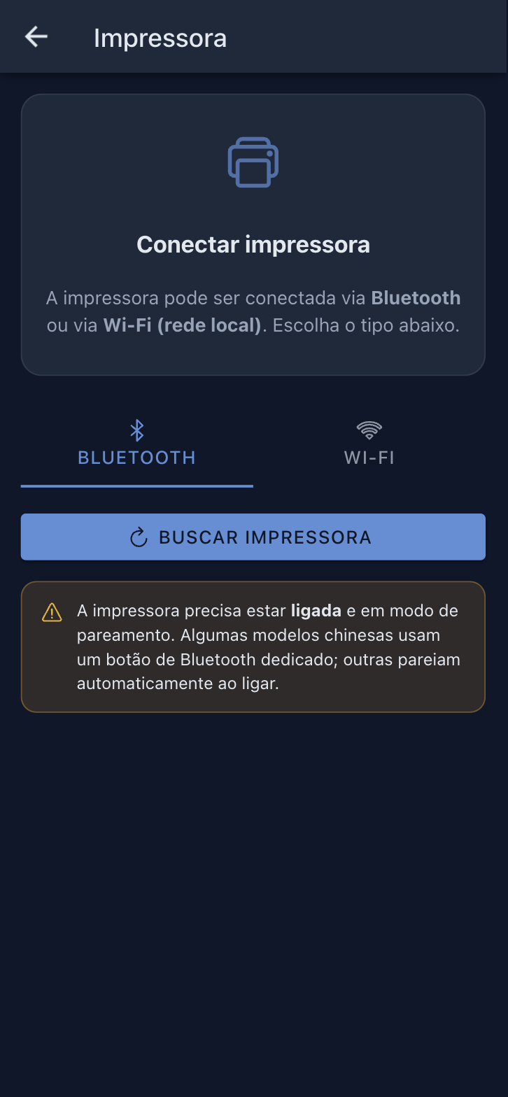Tela Impressora do aplicativo com as abas Bluetooth e Wi-Fi e o botão Buscar impressora