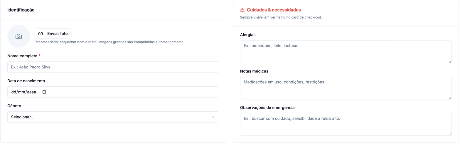 Formulário de cadastro: à esquerda Identificação com foto, nome completo, data de nascimento e gênero; à direita Cuidados e necessidades com alergias, notas médicas e observações de emergência