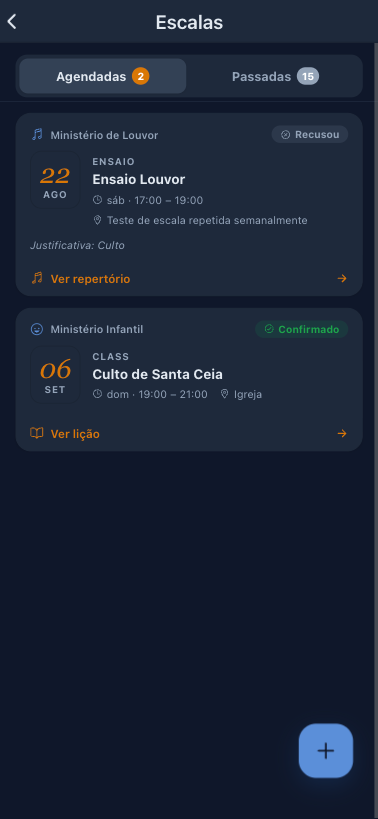 Tela Escalas do aplicativo com uma escala confirmada e outra recusada