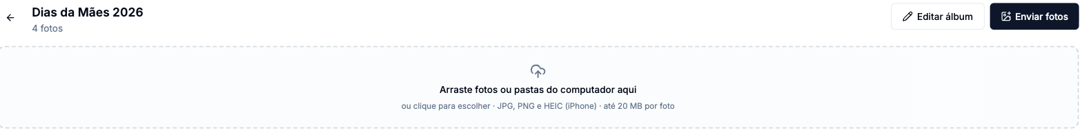 Detalhe do álbum com a área para arrastar fotos ou pastas e os botões Editar álbum e Enviar fotos