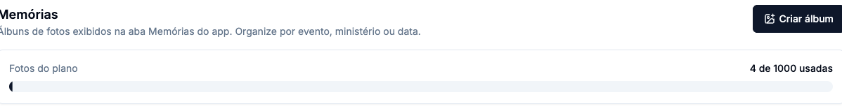 Cabeçalho da aba Memórias com o botão Criar álbum e a barra Fotos do plano mostrando 4 de 1000 usadas