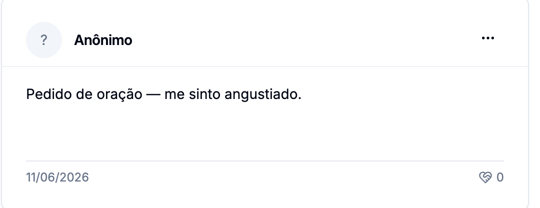Card de pedido de oração anônimo, com avatar de interrogação, o texto do pedido, a data e o contador de orações
