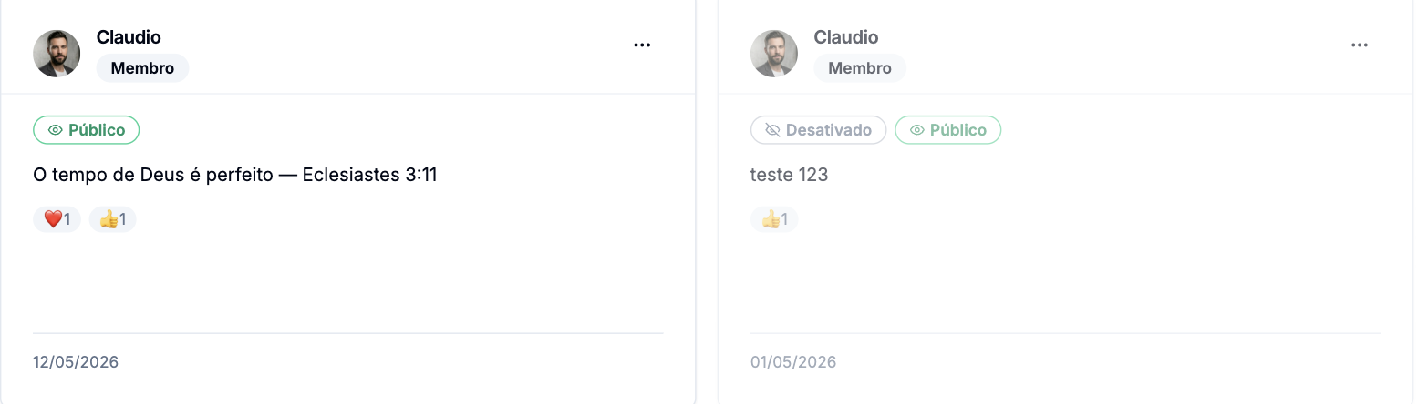 Dois cards de testemunho com o autor, o selo Público, o texto e as reações; o segundo card também traz o selo Desativado