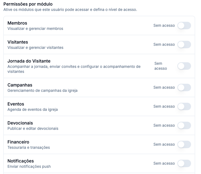 Lista de permissões por módulo, com um interruptor por módulo