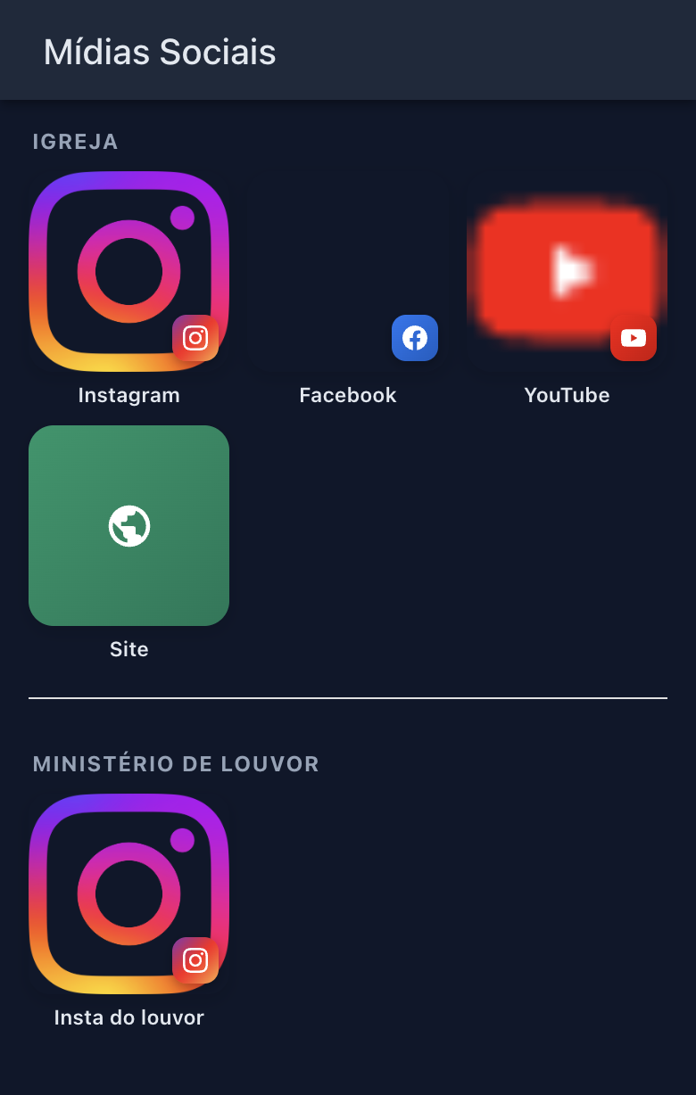 Tela Mídias Sociais no aplicativo, com a seção Igreja mostrando Instagram, Facebook, YouTube e Site, e abaixo a seção Ministério de Louvor com um link chamado Insta do louvor