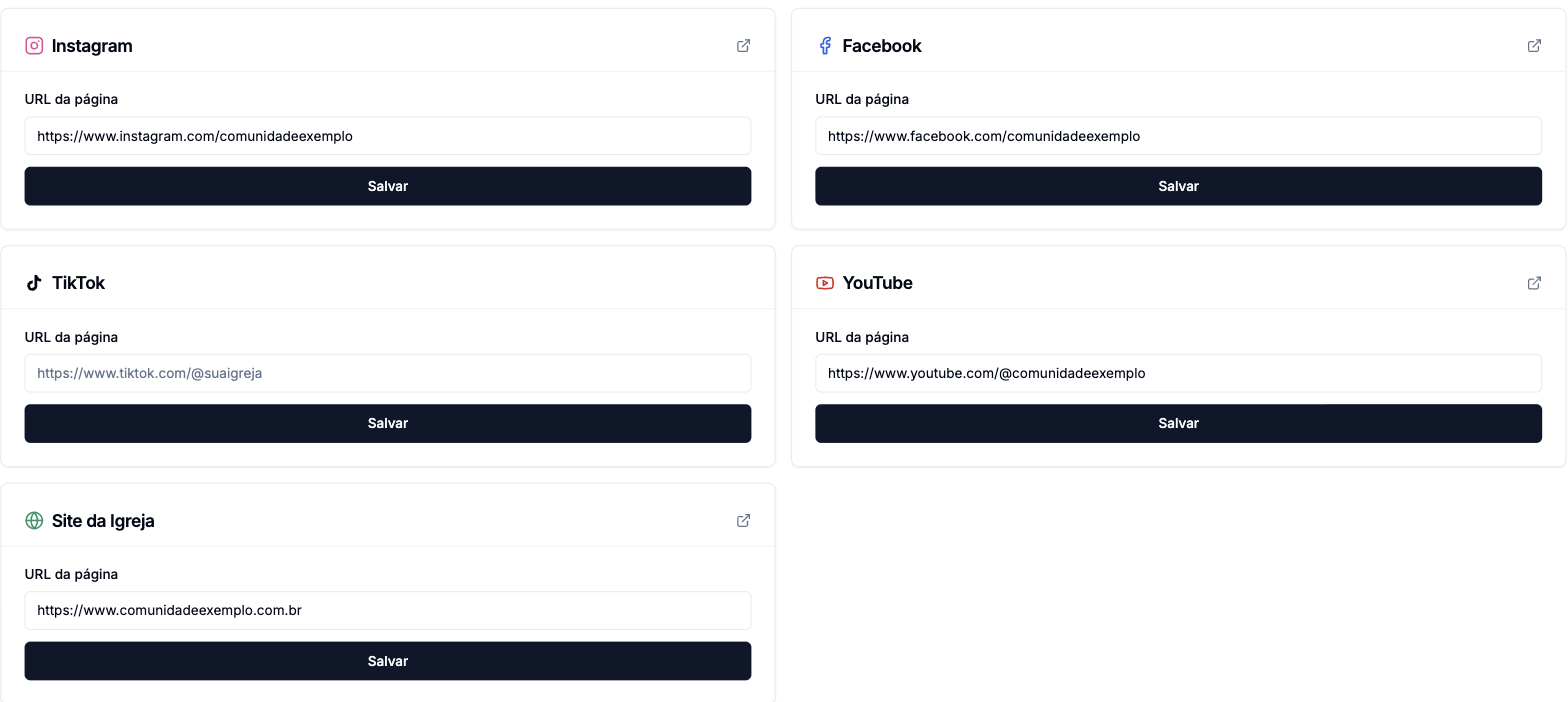 Tela Redes Sociais com cartões de Instagram, Facebook, TikTok, YouTube e Site da Igreja, cada um com o campo de URL e o botão Salvar