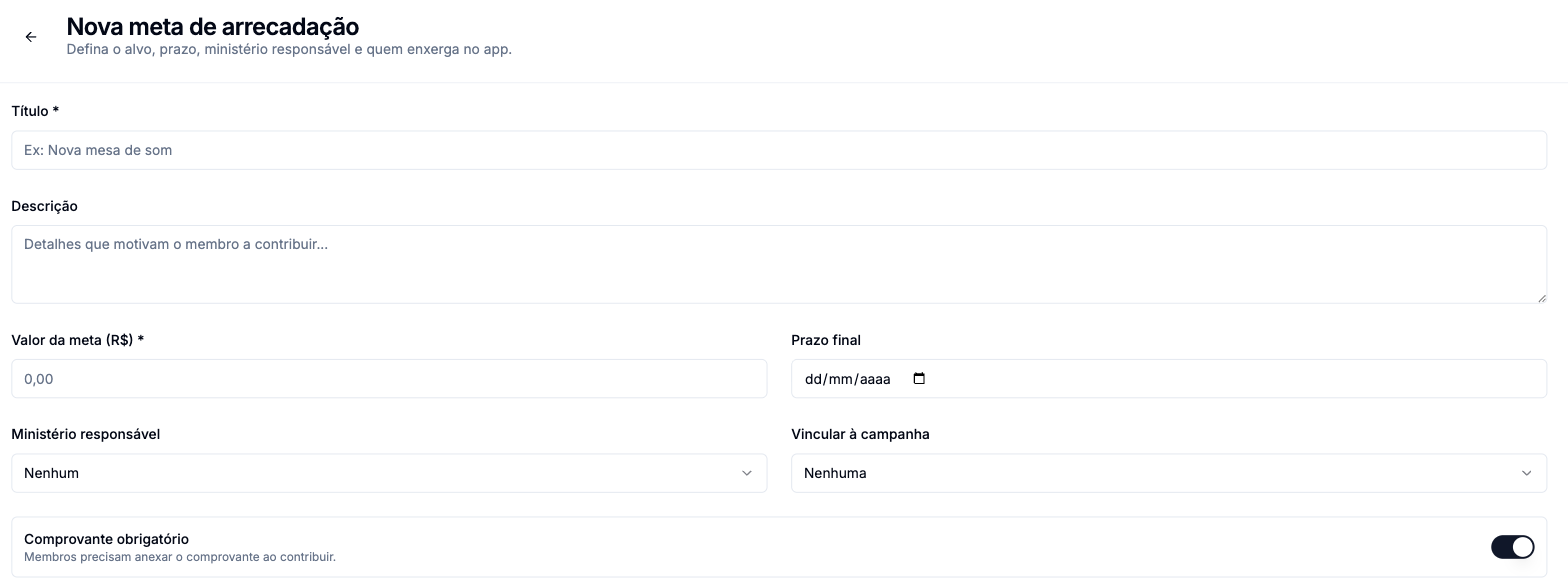 Formulário de nova meta com título, descrição, valor da meta, prazo final, ministério responsável, vínculo com campanha e a chave de comprovante obrigatório
