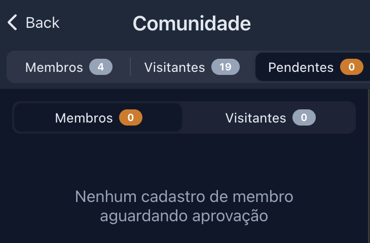 Tela Comunidade do aplicativo com a aba Pendentes e as sub-abas Membros e Visitantes