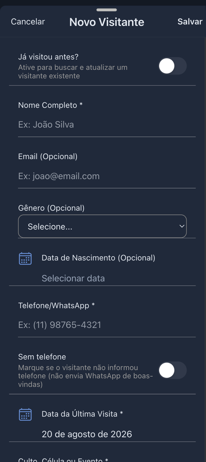 Formulário Novo Visitante no aplicativo, com o switch Já visitou antes, nome, e-mail, gênero, data de nascimento e telefone