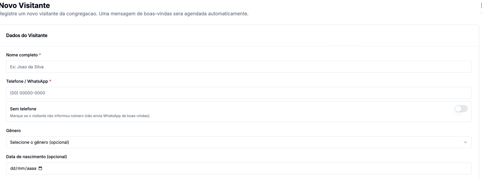 Formulário de novo visitante no backoffice, com telefone obrigatório e o switch Sem telefone