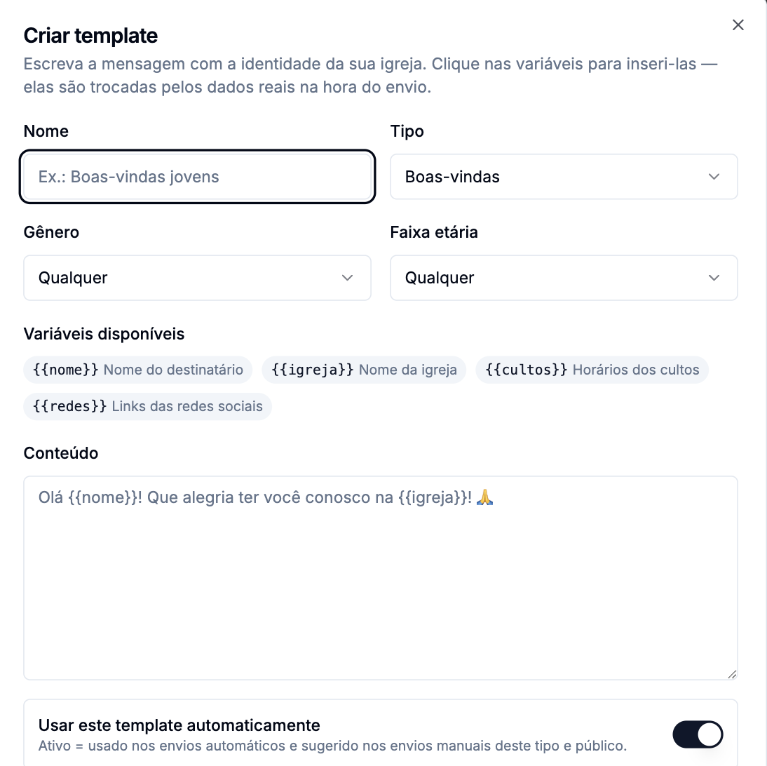 Editor de template com os campos Gênero e Faixa etária, as variáveis disponíveis e o conteúdo