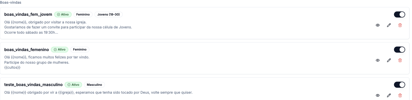 Lista de templates de boas-vindas com selos Feminino, Jovens (18–30) e Masculino