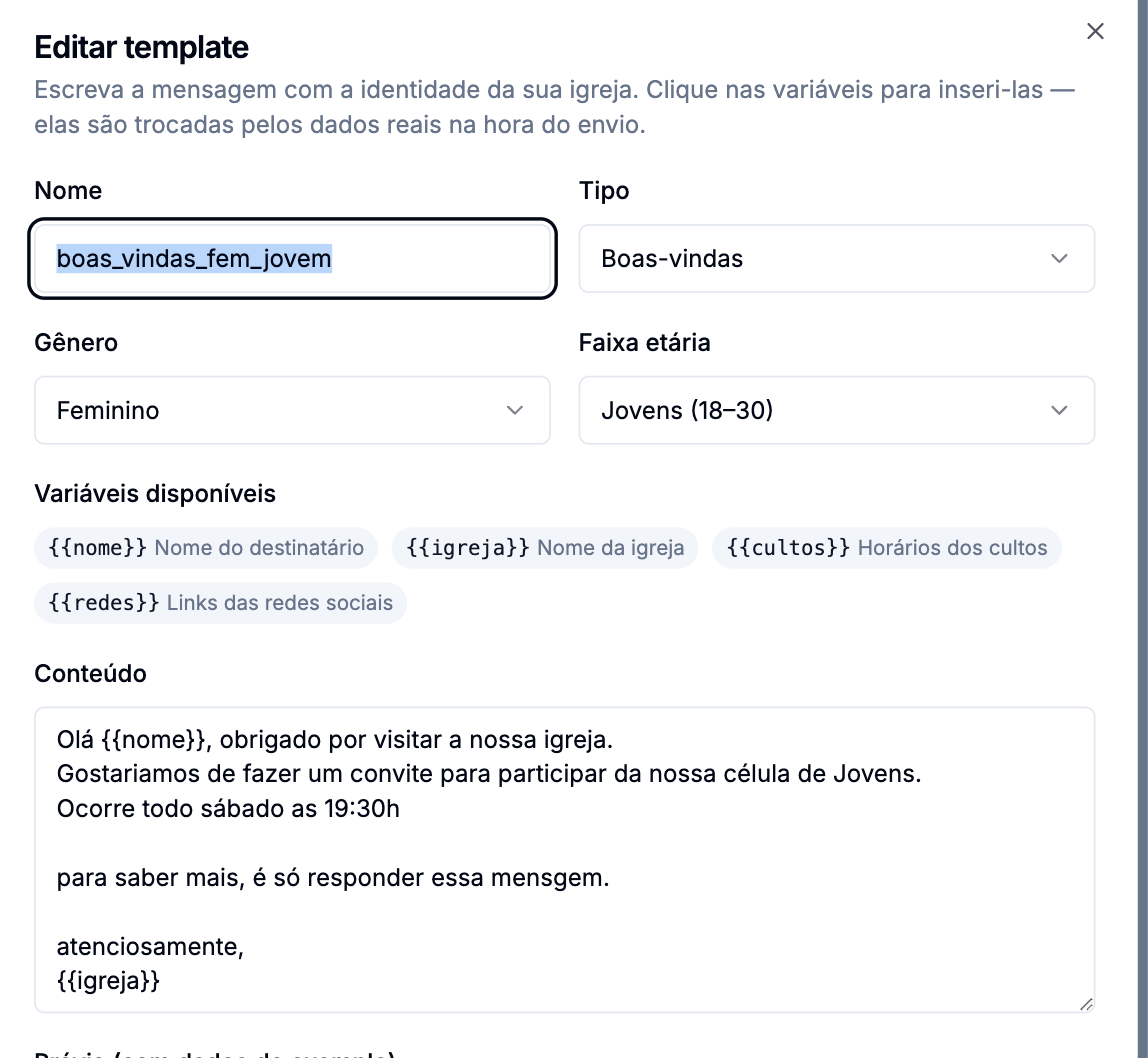 Editor de template com nome, tipo, gênero, faixa etária, as variáveis disponíveis como etiquetas clicáveis e o campo de conteúdo