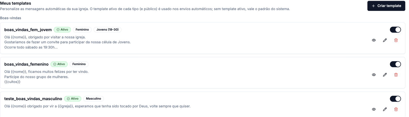 Bloco Meus templates com três templates de boas-vindas, cada um com selo Ativo, etiquetas de gênero e faixa etária, prévia do texto e os botões de olho, lápis e excluir