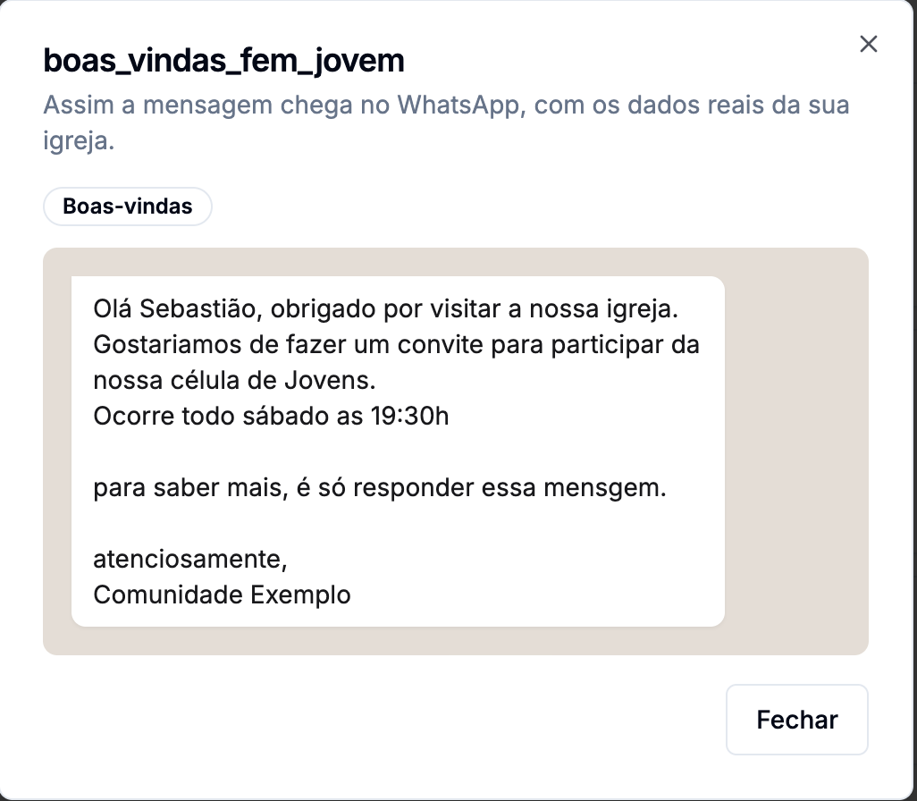 Diálogo de prévia mostrando a mensagem como ela chega no WhatsApp, com o nome do destinatário e o nome da igreja preenchidos